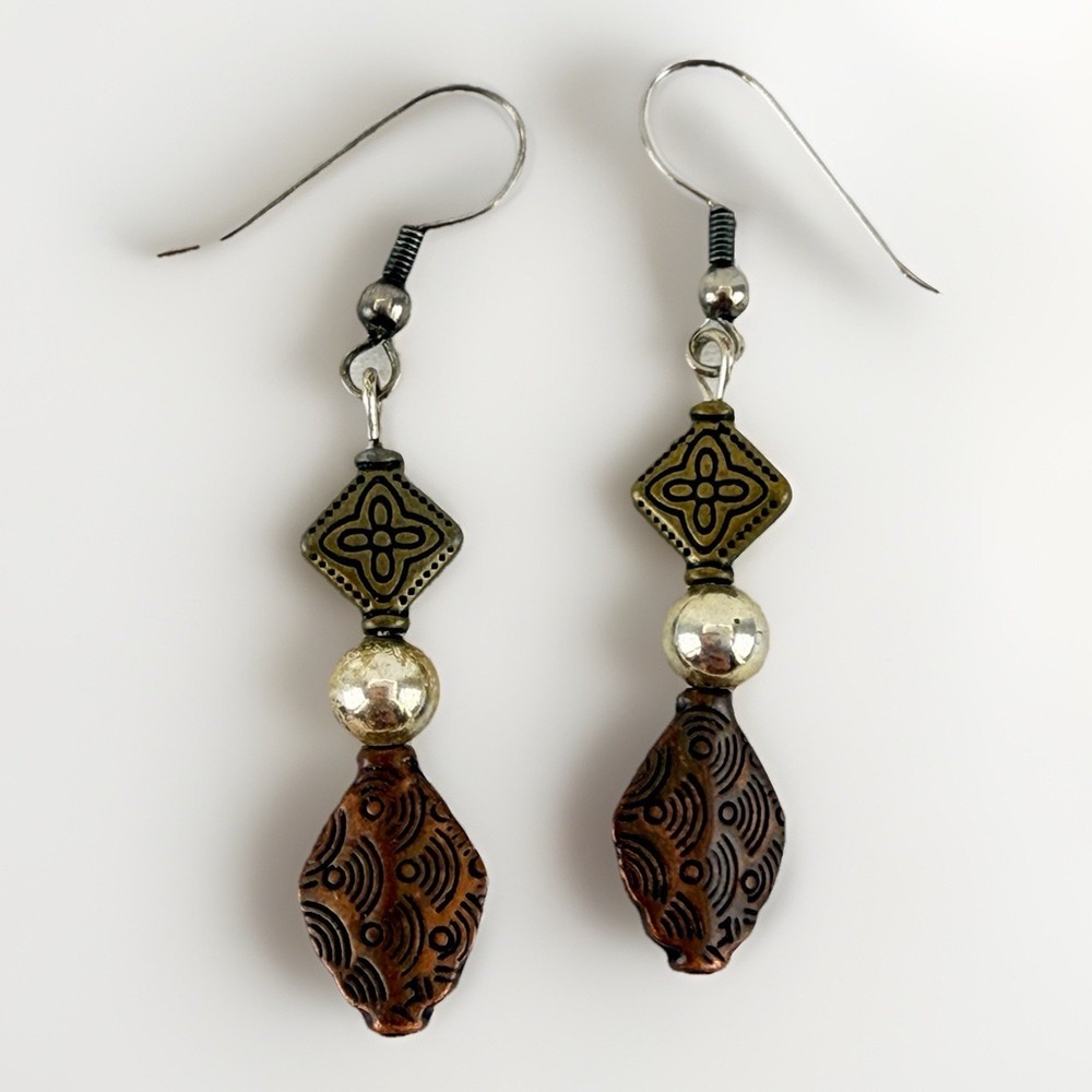 Boho Mixed Metal Beaded‎ Dangle Earrings Copper Brass Tone Rustic Style